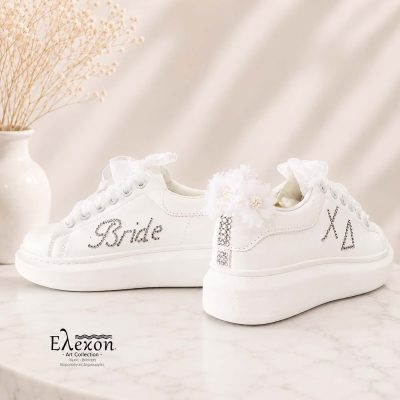 Νυφικά Sneakers με Στρας, Λουλούδια και Οργάντζα Κορδόνια – Λευκά