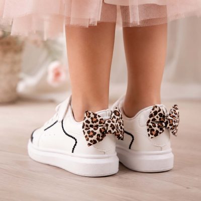 Παιδικό Λευκό Sneaker με Φιόγκους λεοπάρ & Μαύρα στρας