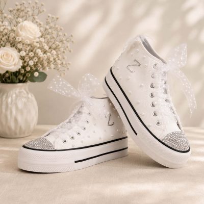 Νυφικά Sneakers μποτάκι με Πέρλες & Στρας