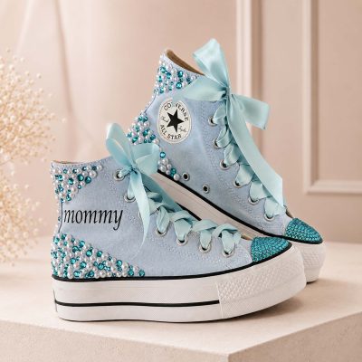 Γυναικεία Converse All Star γαλάζια με διακόσμηση πέρλες & στρας- Mommy edition