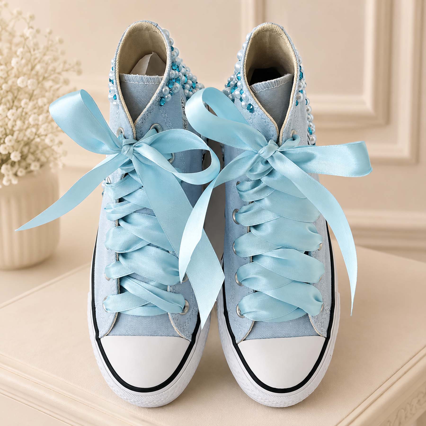 Γυναικεία Converse All Star γαλάζια με διακόσμηση πέρλες & στρας- Mommy edition - Image 4