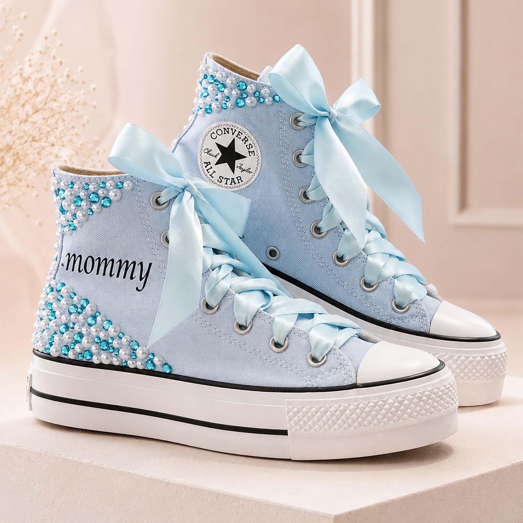 Γυναικεία Converse All Star γαλάζια με διακόσμηση πέρλες & στρας- Mommy edition