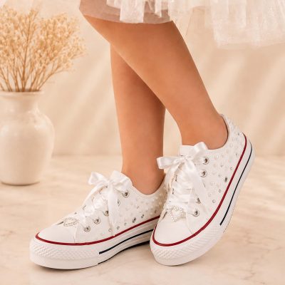 Παιδικά converse χαμηλά– Λευκά με Πέρλες & Στρας