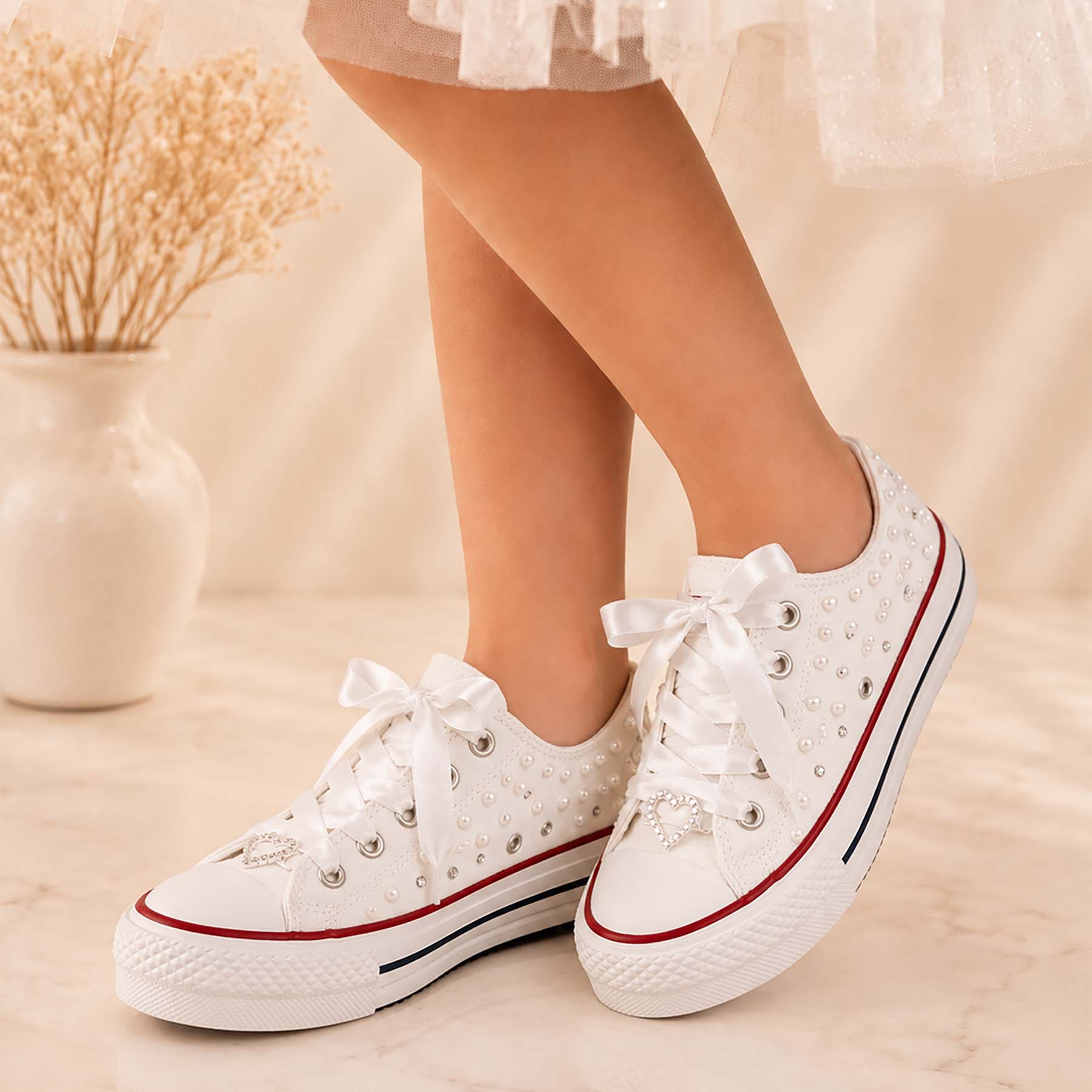 Παιδικά converse χαμηλά– Λευκά με Πέρλες & Στρας
