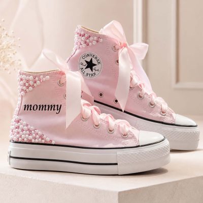 Γυναικεία Converse All Star ροζ με διακόσμηση πέρλες & στρας- Mommy edition
