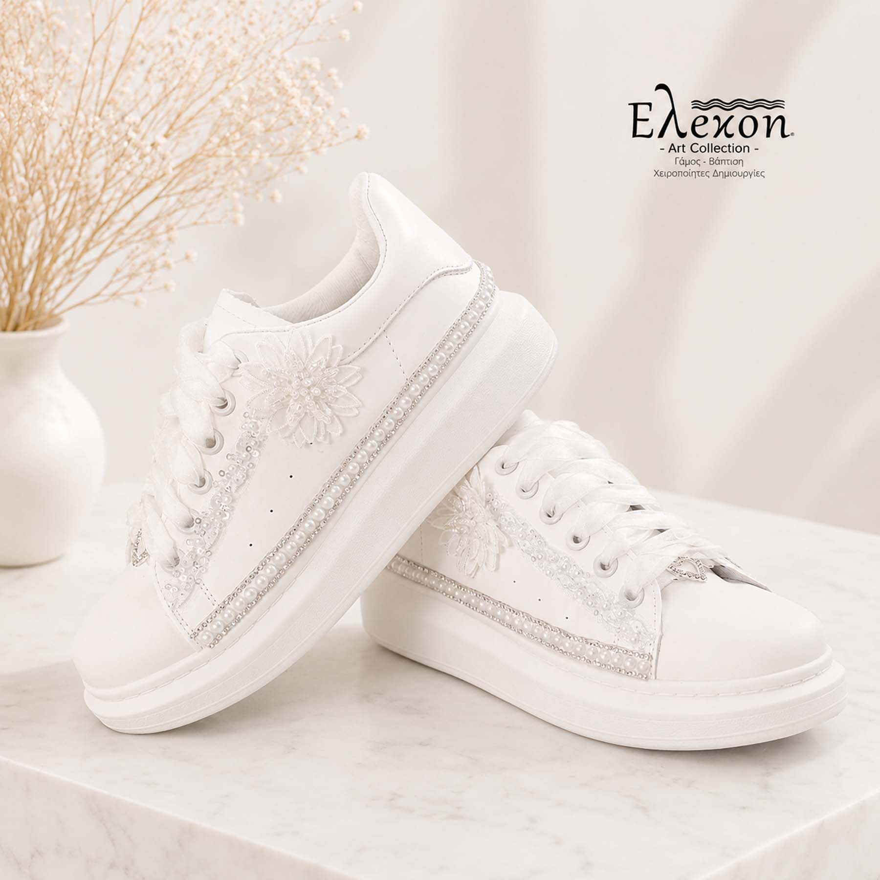 Νυφικά Sneakers με Πέρλες & Δαντέλα – Elegant Blossom Edition