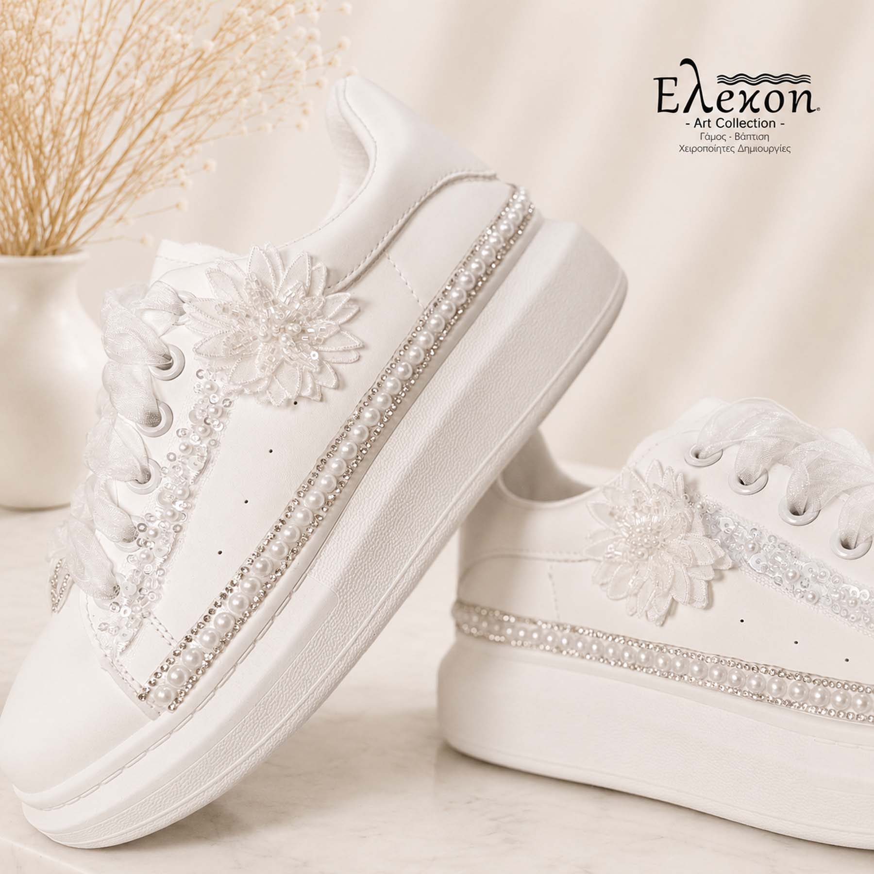 Νυφικά Sneakers με Πέρλες & Δαντέλα – Elegant Blossom Edition - Image 3