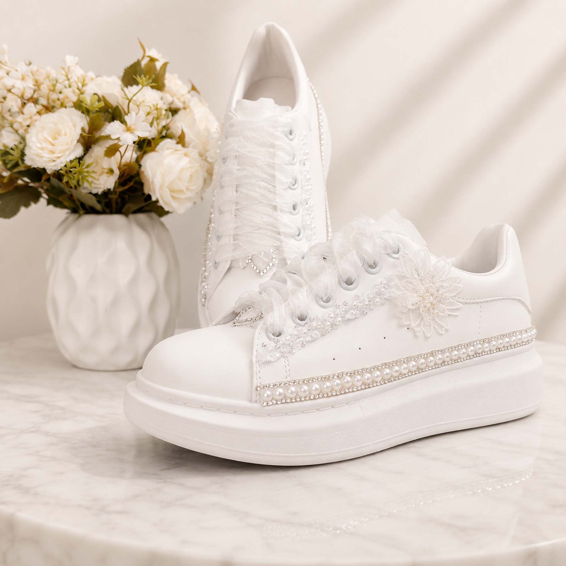 Νυφικά Sneakers με Πέρλες & Δαντέλα – Elegant Blossom Edition - Image 5