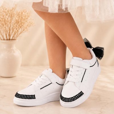 Παιδικό Λευκό Sneaker με μαύρα στρας & φιόγκο