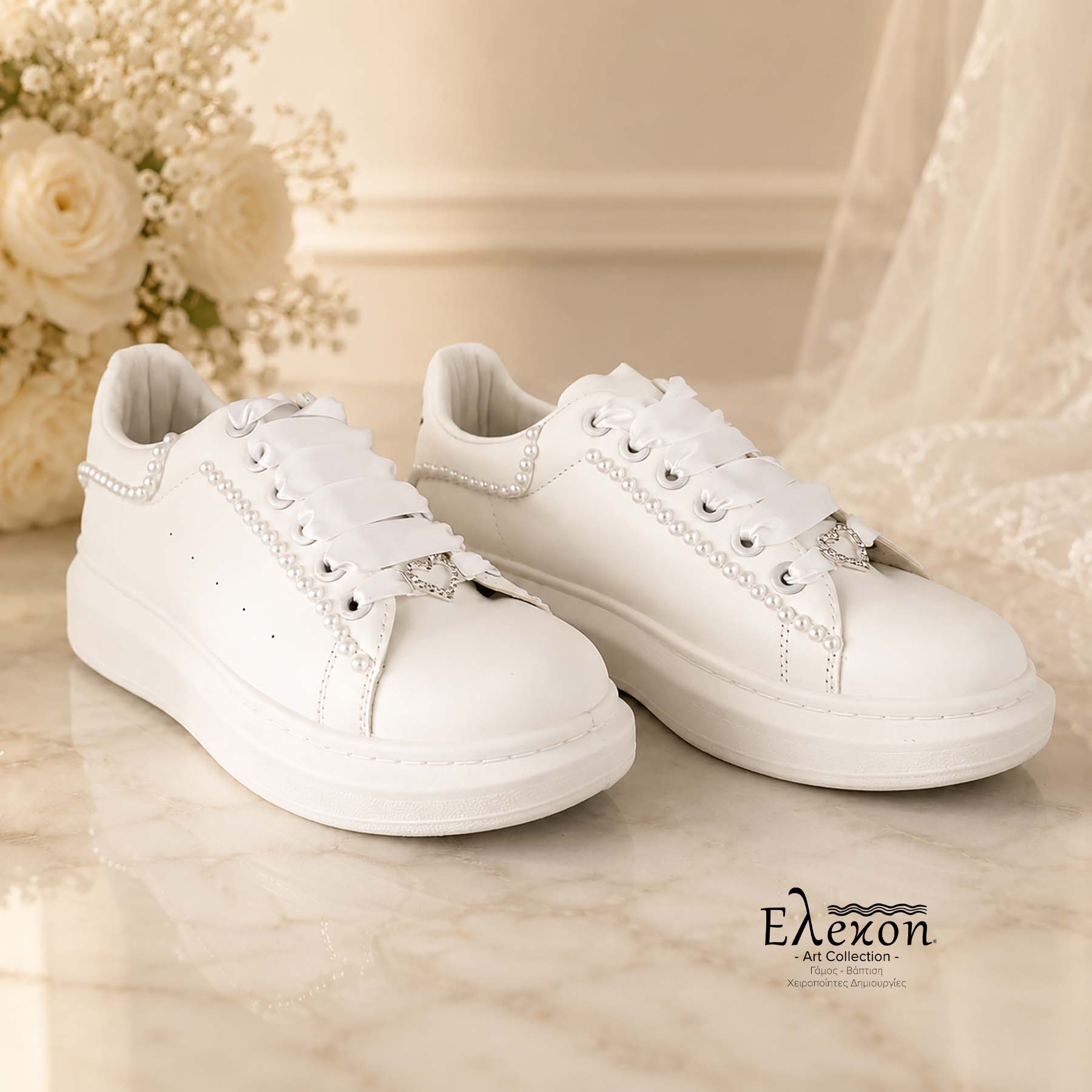 Νυφικά Sneakers με πέρλες και Σατέν Κορδόνια - Image 3