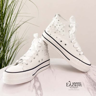 Νυφικά Sneakers μποτάκι με Πέρλες και Σατέν Κορδόνια