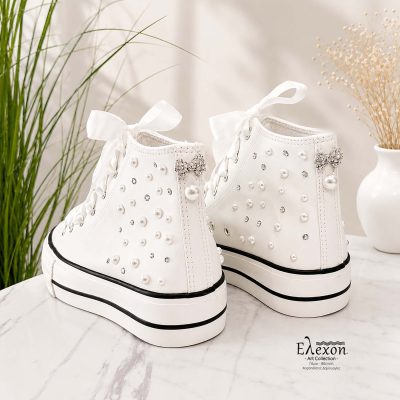 Νυφικά Sneakers μποτάκι με Πέρλες και Σατέν Κορδόνια