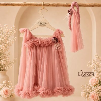 Dusty pink Βαπτιστικό Φόρεμα με Τούλι & Λουλούδια – Elekon Art Collection