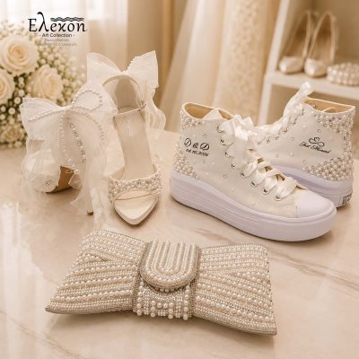 Bridal Set Pearl Romance – Converse Sneakers, Νυφικά Πέδιλα & Clutch με Πέρλες
