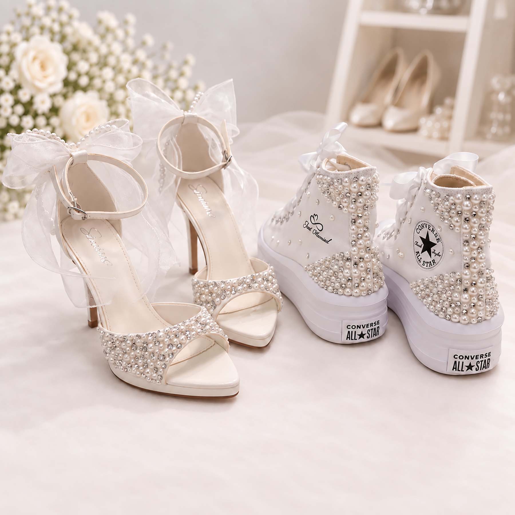 Bridal Set Pearl Bow – Converse Platform Sneakers & Νυφικά Πέδιλα με Πέρλες - Image 2
