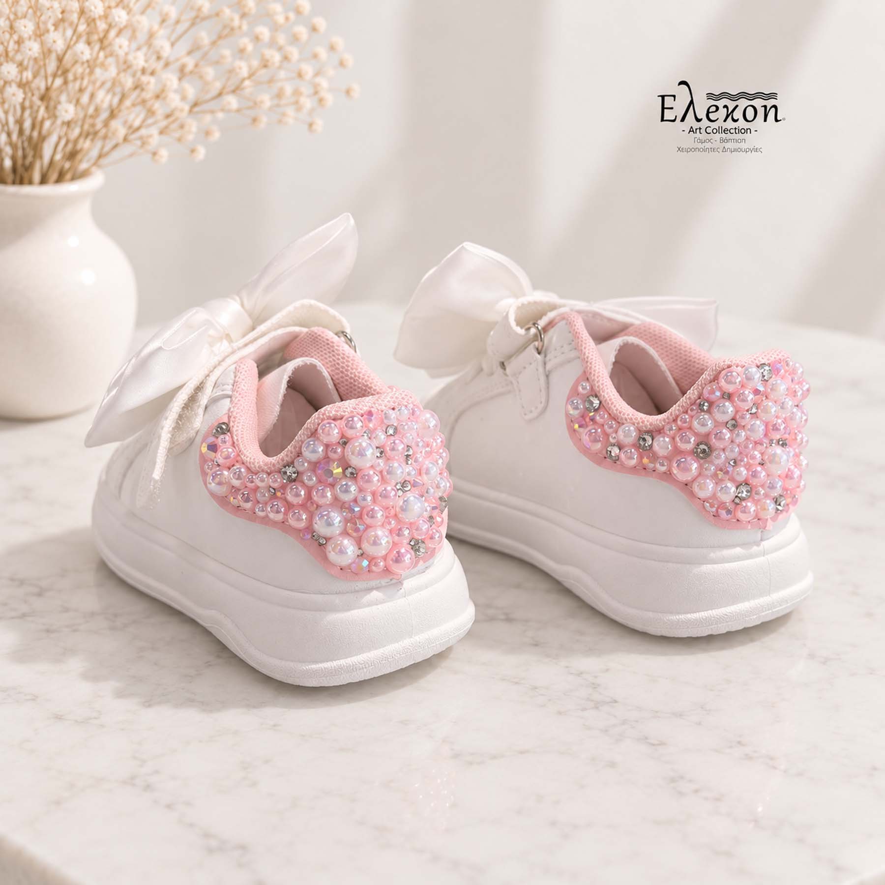 Παιδικά Sneakers – Λευκά με ροζ Πέρλες και φιόγκο - Image 2