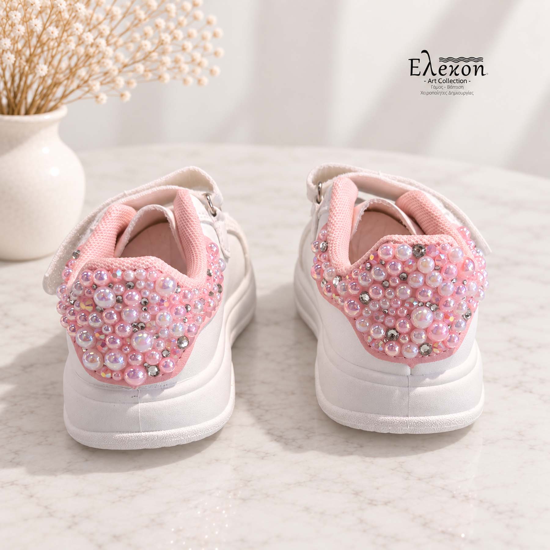 Παιδικά Sneakers – Λευκά με ροζ Πέρλες και φιόγκο - Image 3
