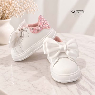 Παιδικά Sneakers  – Λευκά με  ροζ Πέρλες και φιόγκο