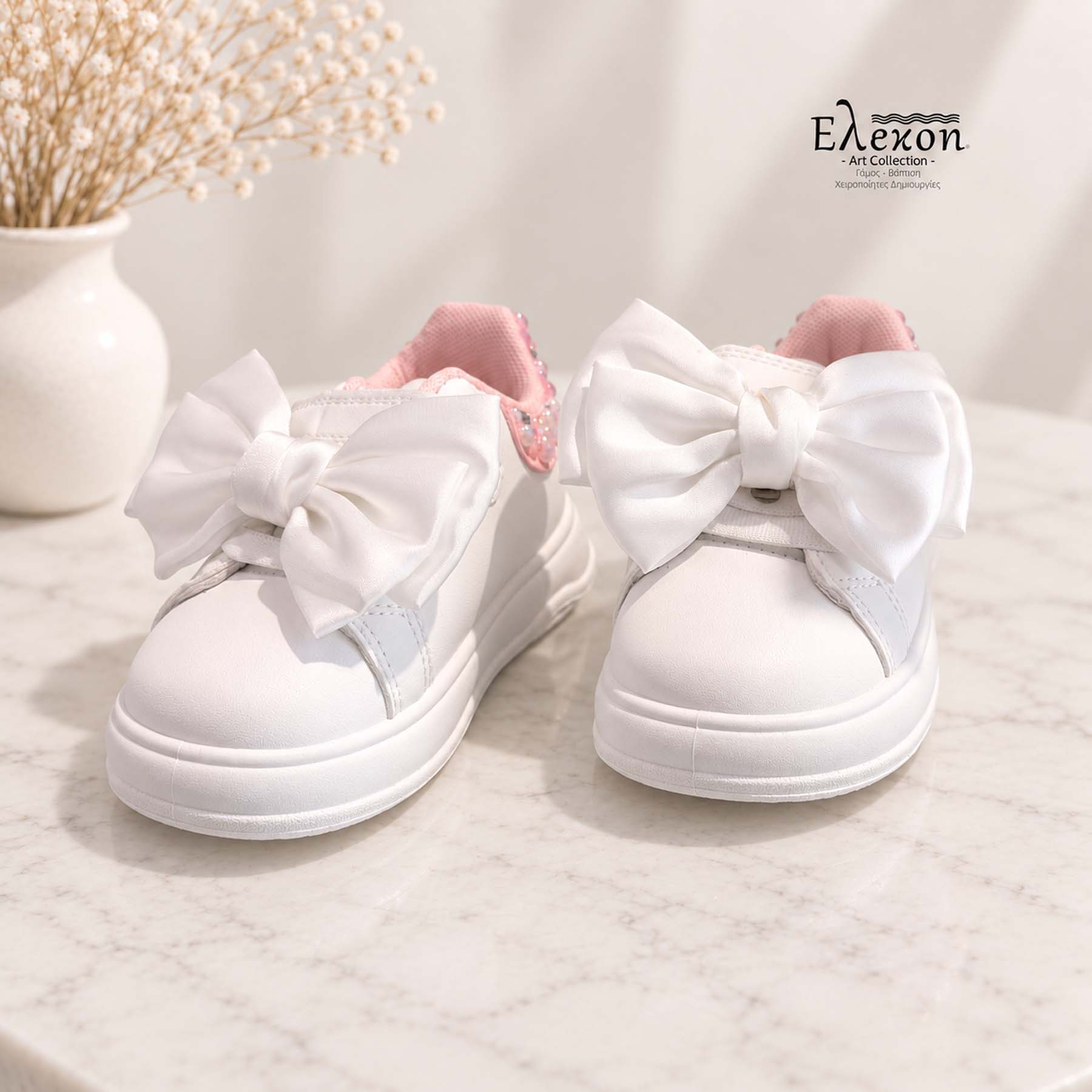 Παιδικά Sneakers – Λευκά με ροζ Πέρλες και φιόγκο - Image 4