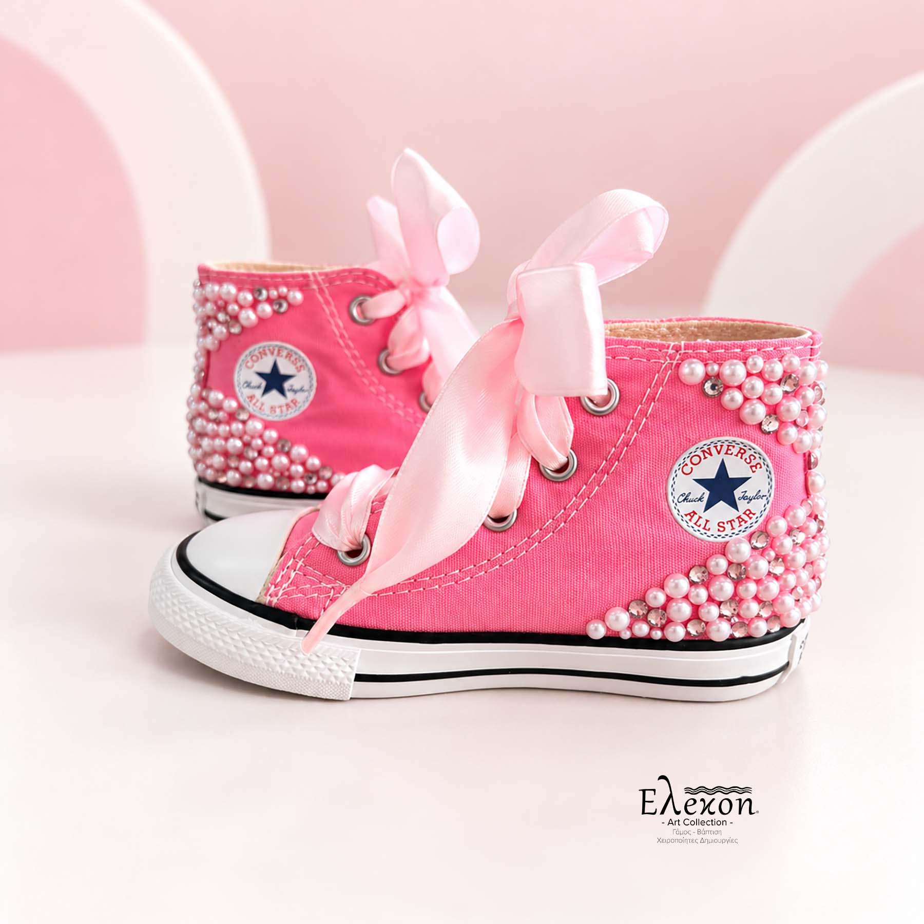 Pink Pearl | Παιδικά Custom Converse με Πέρλες & Σατέν κορδόνια - Image 2