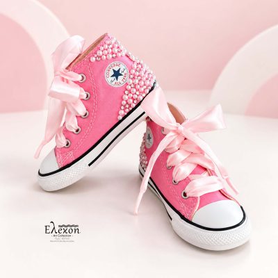 Pink Pearl | Παιδικά Custom Converse με Πέρλες & Σατέν κορδόνια