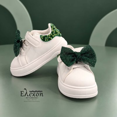 Emerald Bow | Παιδικά Custom Sneakers με Πράσινους Φιόγκους & Πέρλες